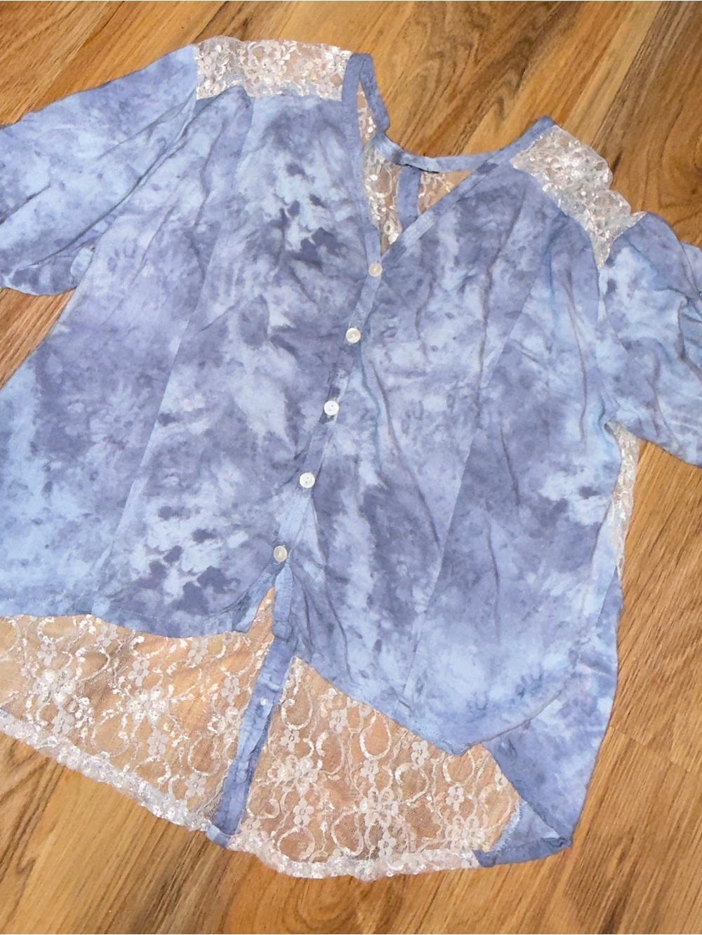 Light Blue Lace-Trim Button-Front Sleep Top
